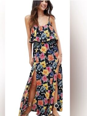ASOS Black Floral Maxi Dress NWOT Bright Multi-Color Blooms Size 8